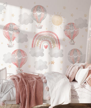 Vinilos decorativos Adhesivos infantiles de Pared arcoiris con globos aerostaticos