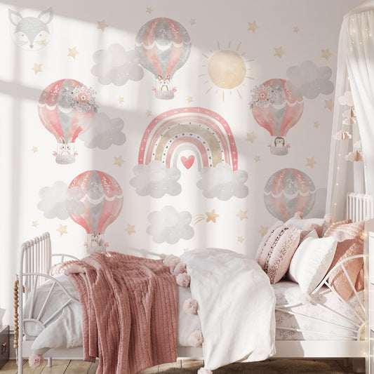 Vinilos decorativos Adhesivos infantiles de Pared arcoiris con globos aerostaticos