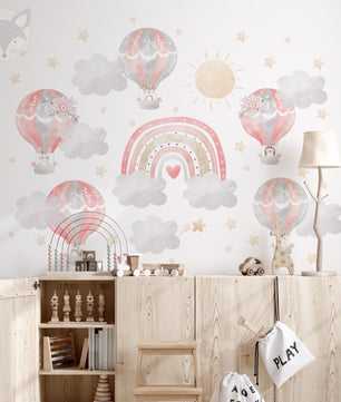 Vinilos decorativos Adhesivos infantiles de Pared arcoiris con globos aerostaticos