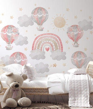 Vinilos decorativos Adhesivos infantiles de Pared arcoiris con globos aerostaticos