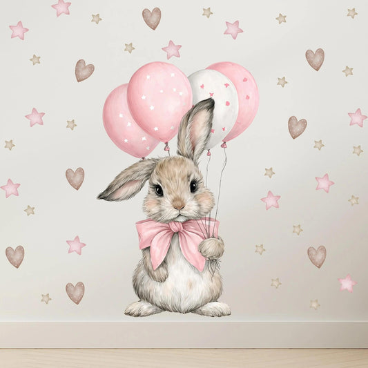 Vinilos decorativos Adhesivos infantiles de Pared Coneja con Globos estrellas y corazones