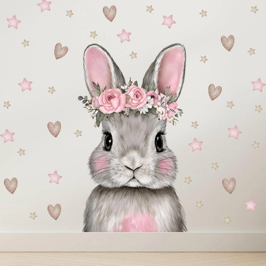 Vinilos decorativos Adhesivos infantiles de Pared Coneja con Flores estrellas y corazones