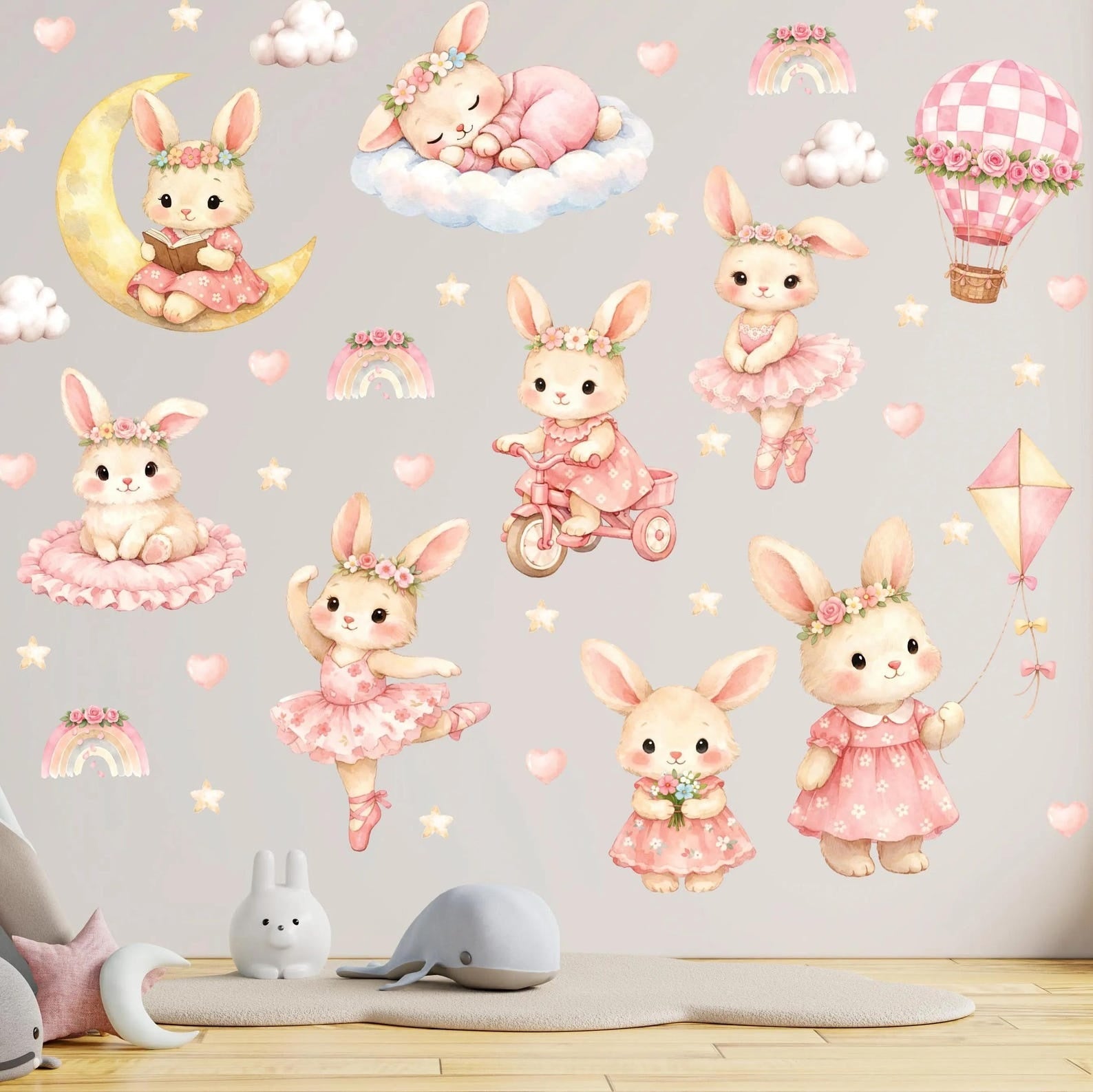 Vinilos decorativos Adhesivos infantiles de Pared Conejas rosadas acuarela (0190)