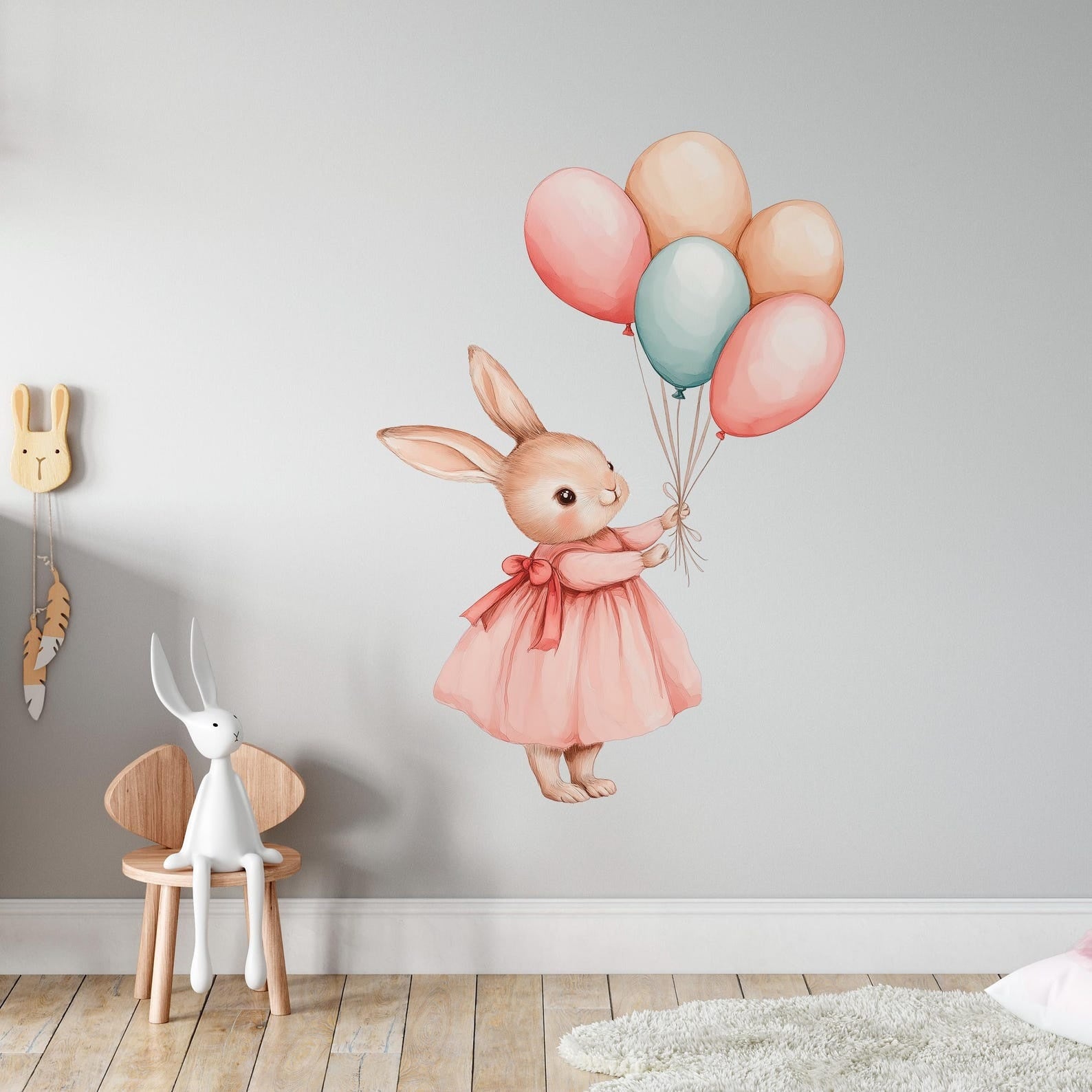 Vinilos decorativos Adhesivos infantiles de Pared Coneja con globos coloridos