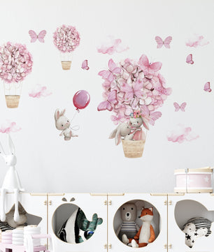 Vinilos decorativos Adhesivos infantiles de Pared Conejos en globo aerostatico de mariposas