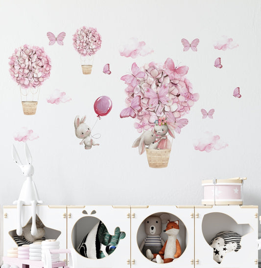 Vinilos decorativos Adhesivos infantiles de Pared Conejos en globo aerostatico de mariposas