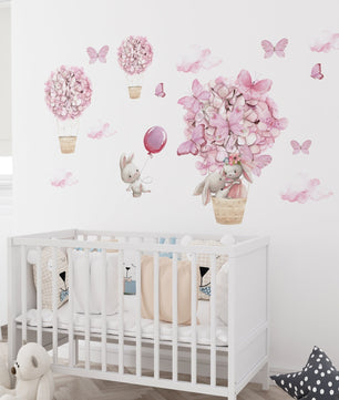 Vinilos decorativos Adhesivos infantiles de Pared Conejos en globo aerostatico de mariposas