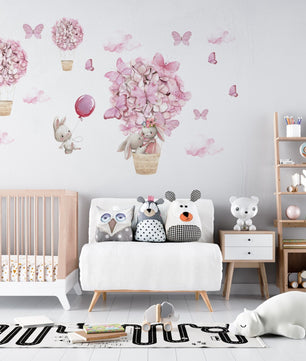 Vinilos decorativos Adhesivos infantiles de Pared Conejos en globo aerostatico de mariposas