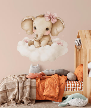 Vinilos decorativos Adhesivos infantiles de Pared elefante Bebé rosado en nube