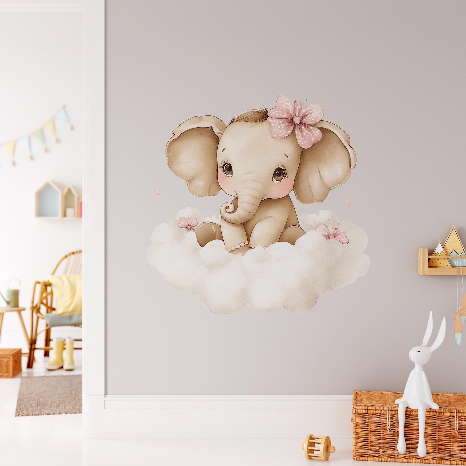 Vinilos decorativos Adhesivos infantiles de Pared elefante Bebé rosado en nube