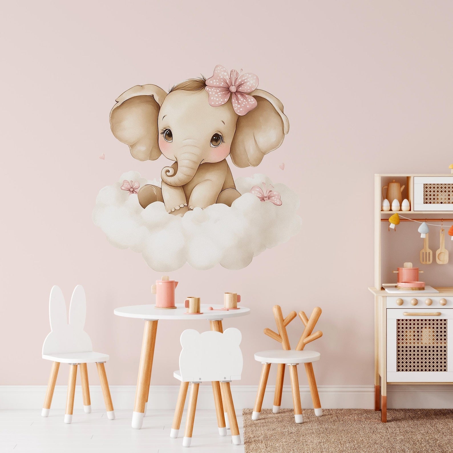 Vinilos decorativos Adhesivos infantiles de Pared elefante Bebé rosado en nube