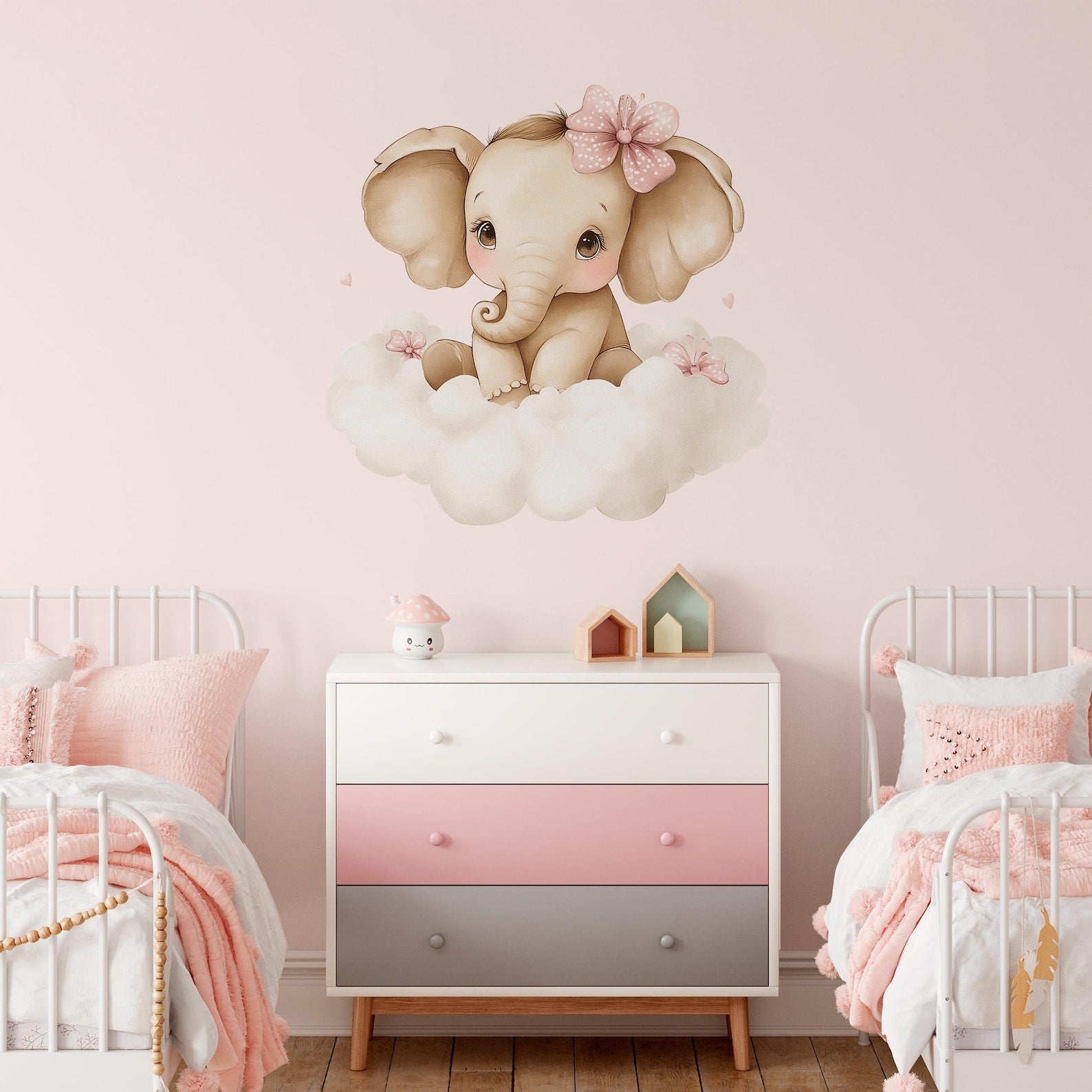 Vinilos decorativos Adhesivos infantiles de Pared elefante Bebé rosado en nube