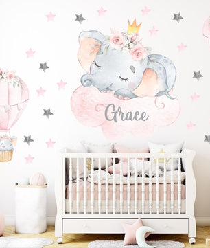 Vinilos decorativos Adhesivos infantiles de Pared elefante Bebé rosado en nube con globos aerostaticos