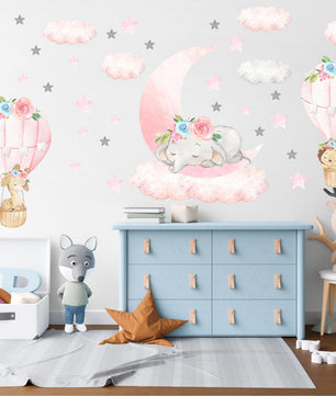 Vinilos decorativos Adhesivos infantiles de Pared elefante Bebé rosado en nube con animales en globos