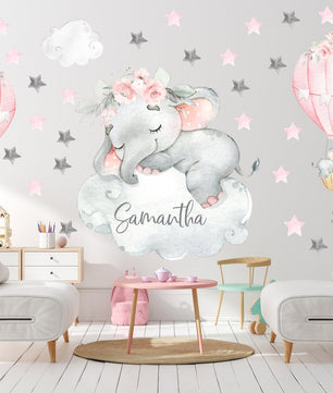 Vinilos decorativos Adhesivos infantiles de Pared elefante Bebé rosado en nube con globos y nombre