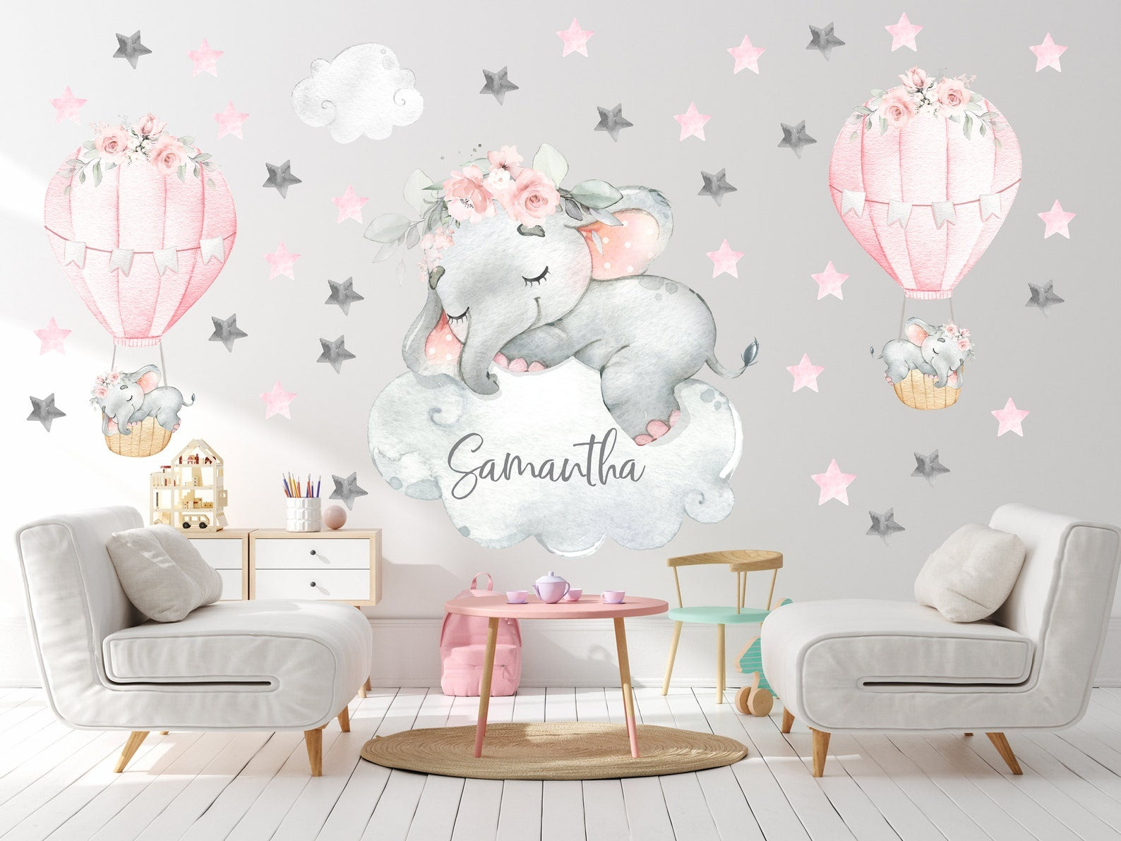 Vinilos decorativos Adhesivos infantiles de Pared elefante Bebé rosado en nube con globos y nombre