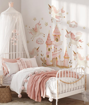 Vinilos decorativos Adhesivos infantiles de Pared princesas castillo con unicornios rosados