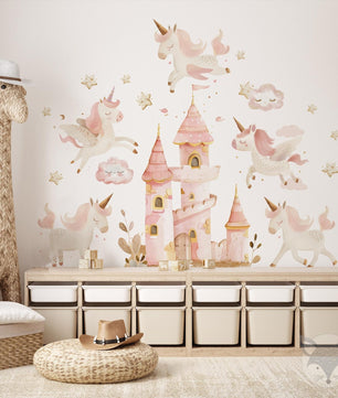 Vinilos decorativos Adhesivos infantiles de Pared princesas castillo con unicornios rosados