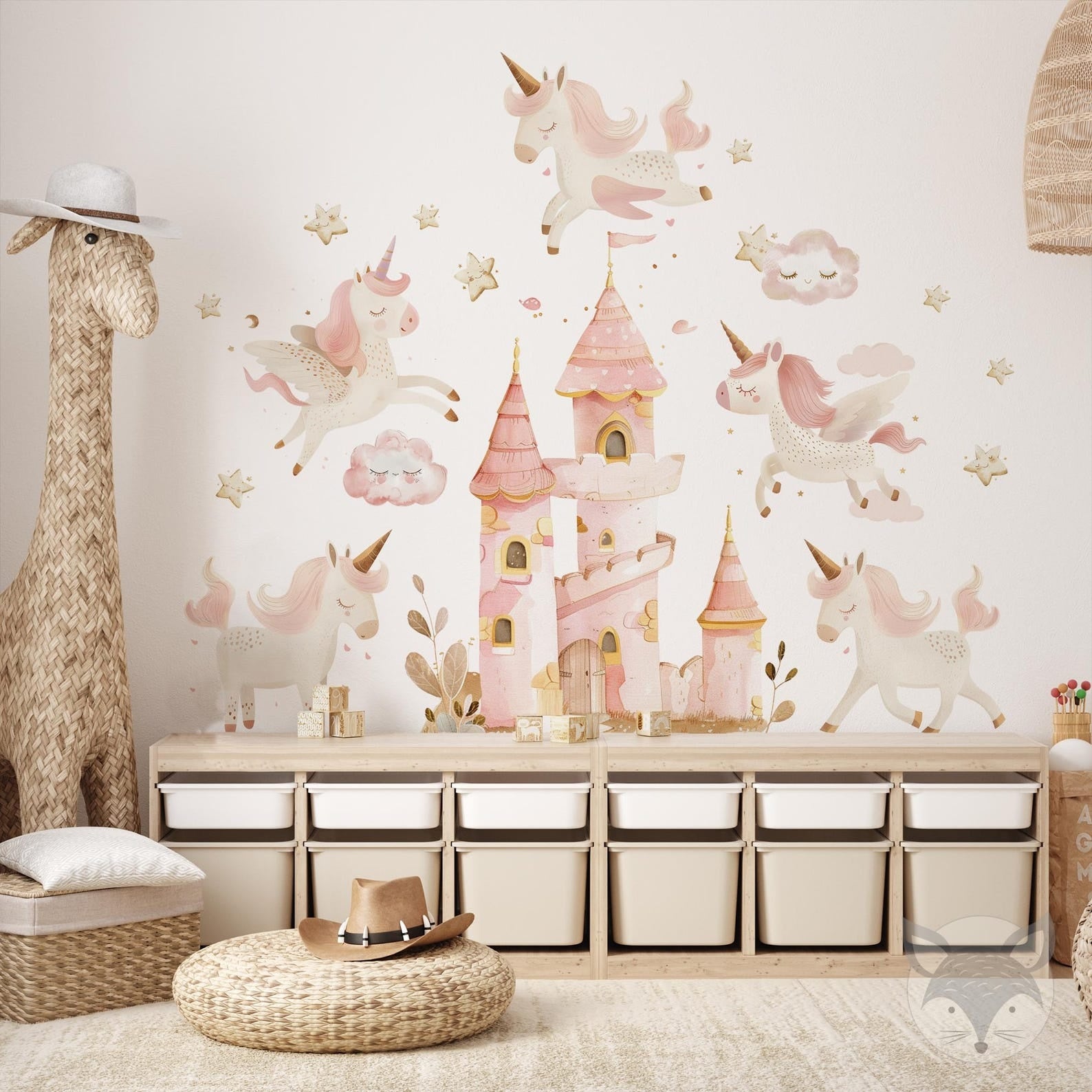 Vinilos decorativos Adhesivos infantiles de Pared princesas castillo con unicornios rosados