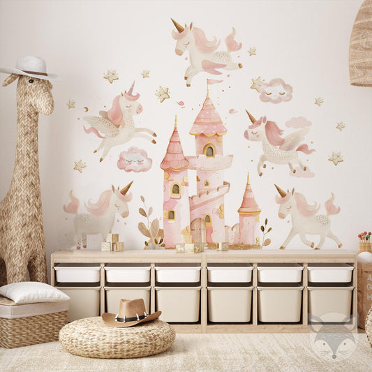 Vinilos decorativos Adhesivos infantiles de Pared princesas castillo con unicornios rosados