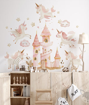 Vinilos decorativos Adhesivos infantiles de Pared princesas castillo con unicornios rosados