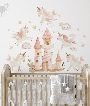 Vinilos decorativos Adhesivos infantiles de Pared princesas castillo con unicornios rosados
