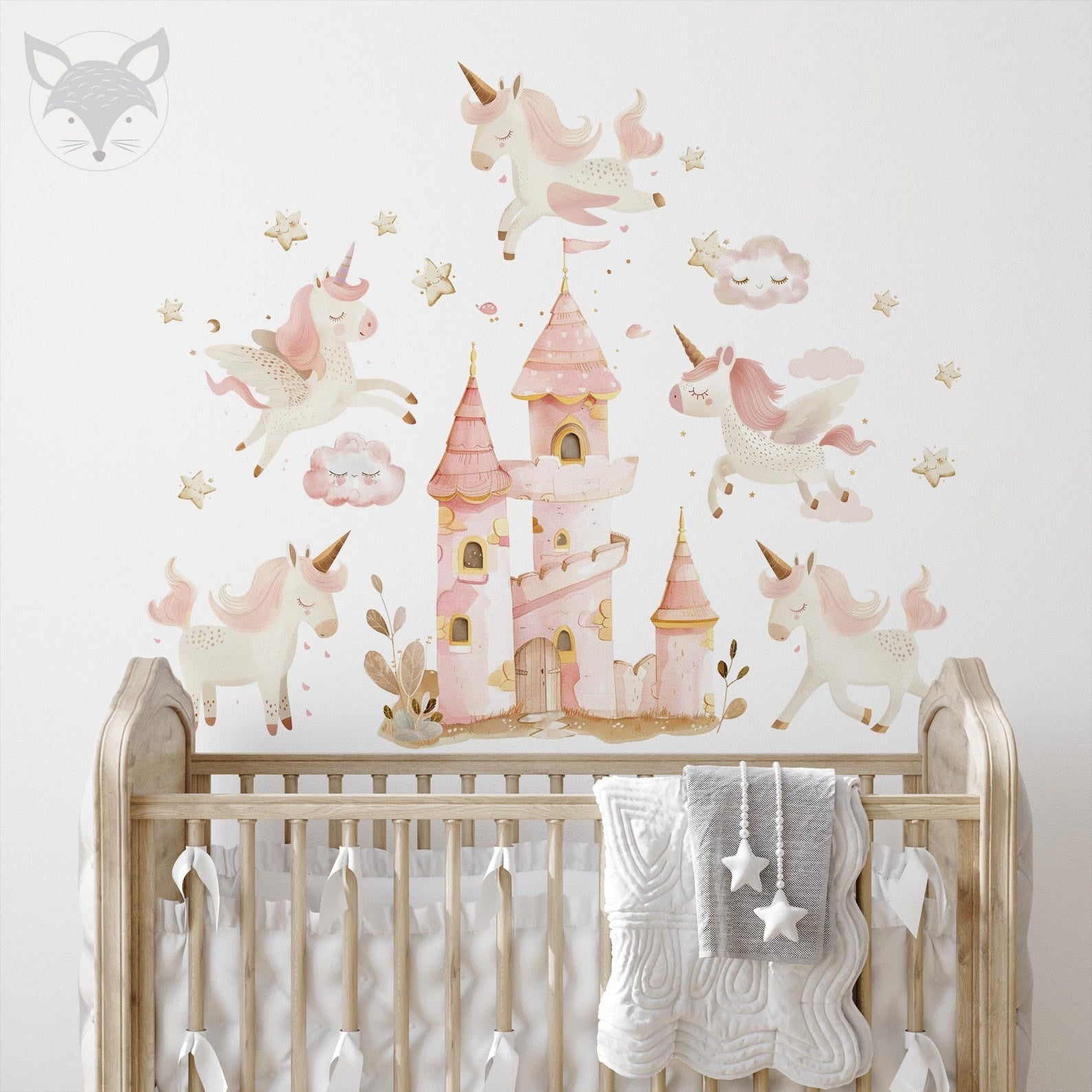 Vinilos decorativos Adhesivos infantiles de Pared princesas castillo con unicornios rosados