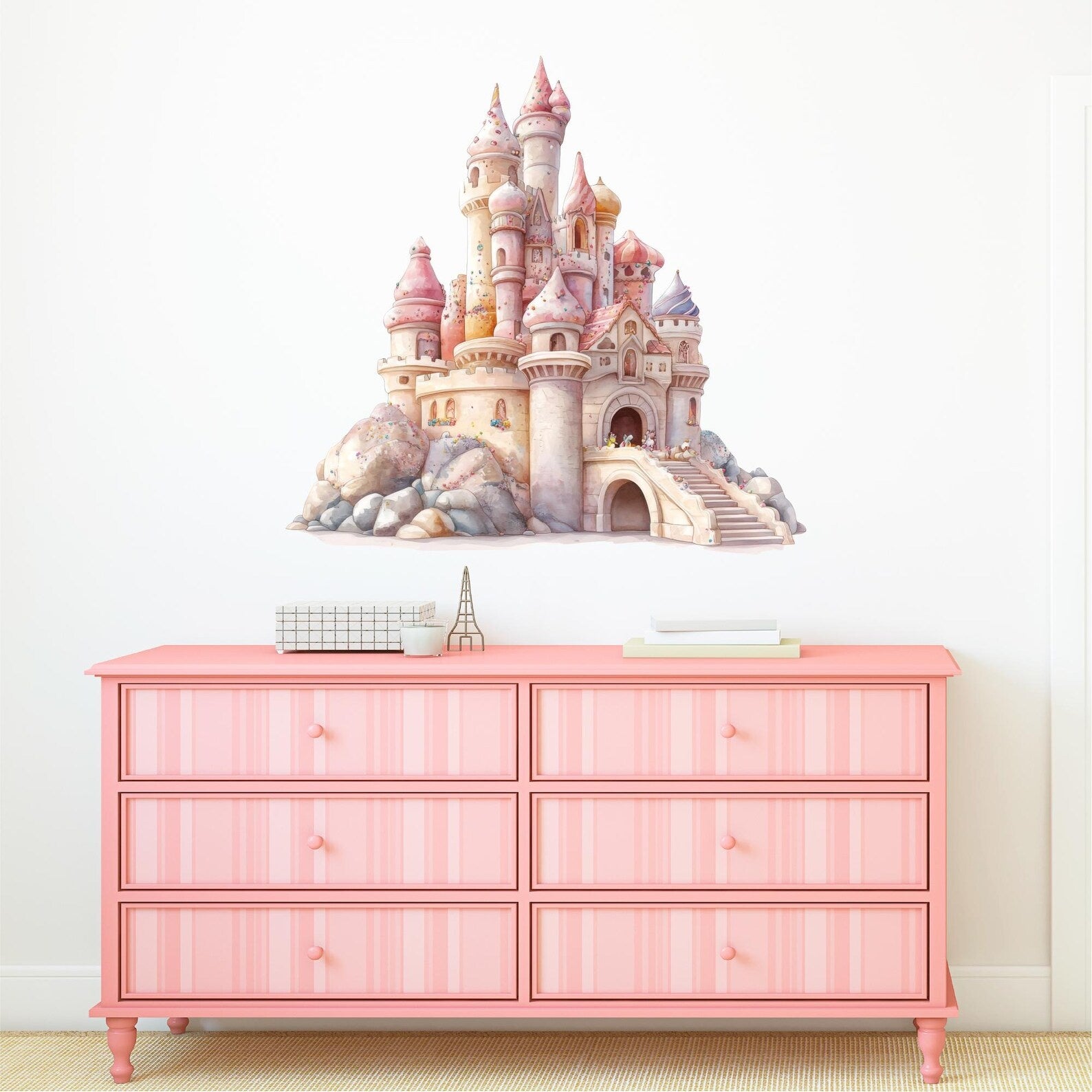 Vinilos decorativos Adhesivos infantiles de Pared princesas castillo en colina rosado