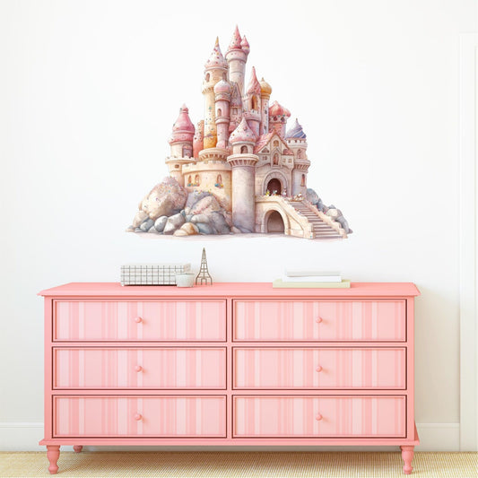 Vinilos decorativos Adhesivos infantiles de Pared princesas castillo en colina rosado