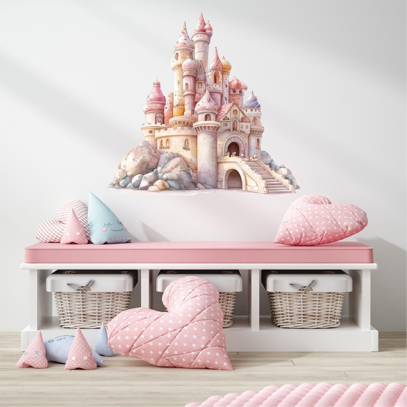 Vinilos decorativos Adhesivos infantiles de Pared princesas castillo en colina rosado