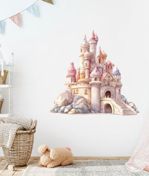 Vinilos decorativos Adhesivos infantiles de Pared princesas castillo en colina rosado