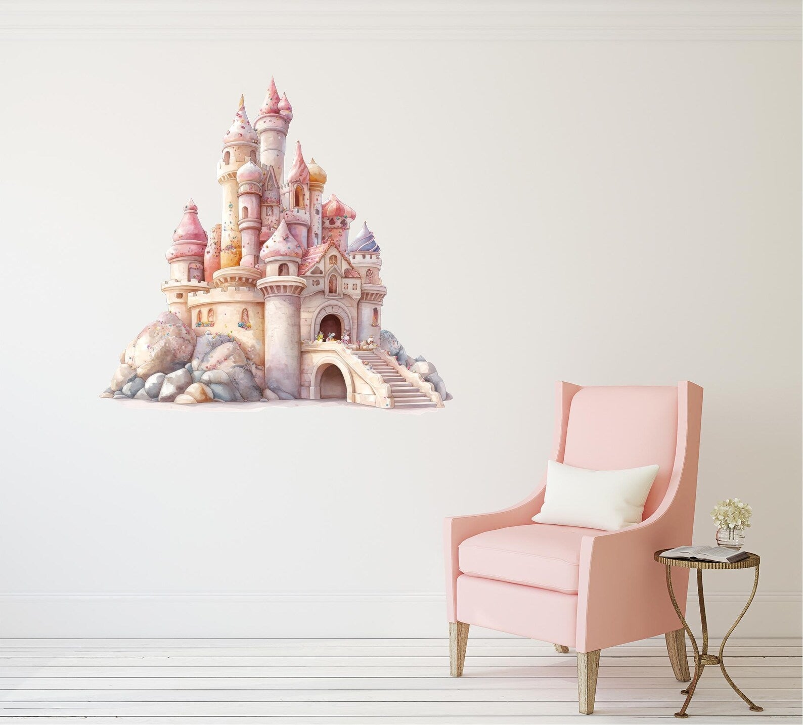 Vinilos decorativos Adhesivos infantiles de Pared princesas castillo en colina rosado