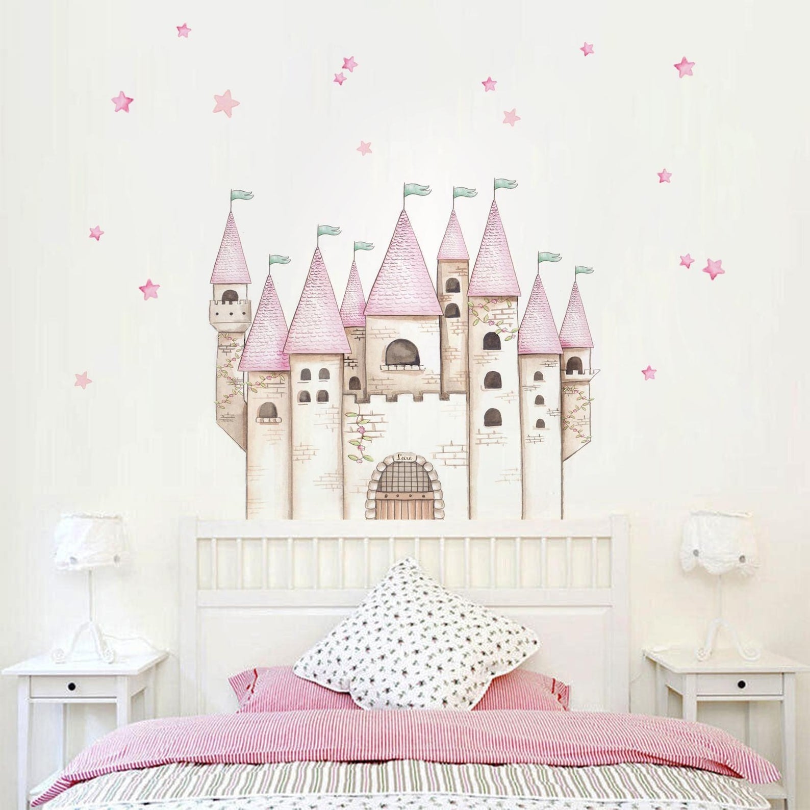 Vinilos decorativos Adhesivos infantiles de Pared princesas castillo con estrellas rosado