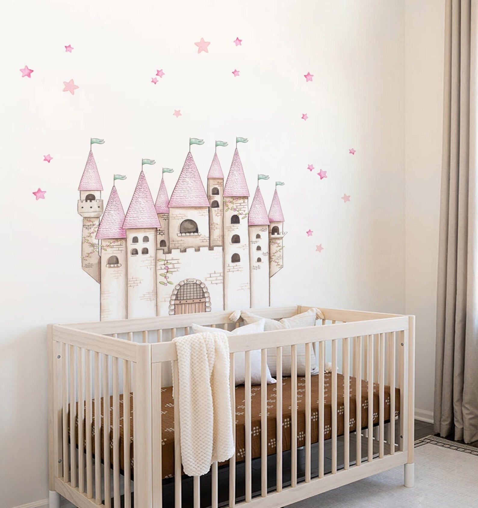 Vinilos decorativos Adhesivos infantiles de Pared princesas castillo con estrellas rosado