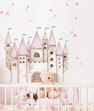 Vinilos decorativos Adhesivos infantiles de Pared princesas castillo con estrellas rosado