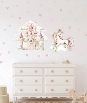 Vinilos decorativos Adhesivos infantiles de Pared princesas castillo con corazones y unicornio