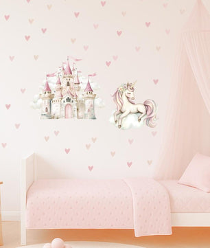 Vinilos decorativos Adhesivos infantiles de Pared princesas castillo con corazones y unicornio