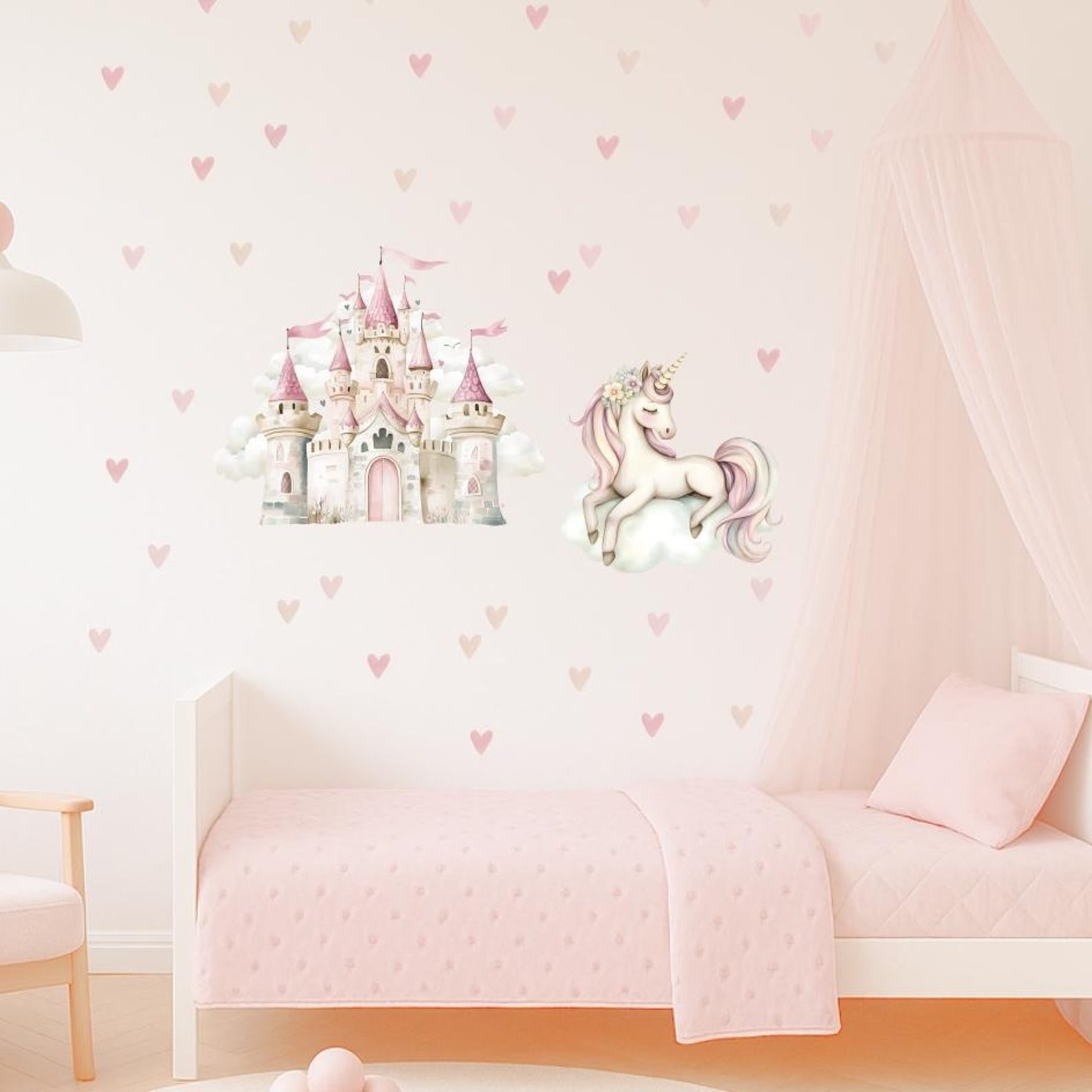 Vinilos decorativos Adhesivos infantiles de Pared princesas castillo con corazones y unicornio