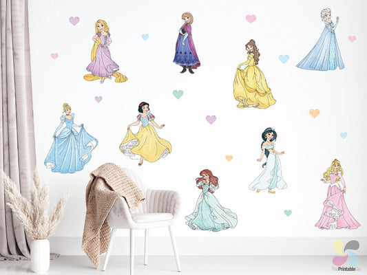 Vinilos decorativos Adhesivos infantiles de Pared princesas acuarela con corazones