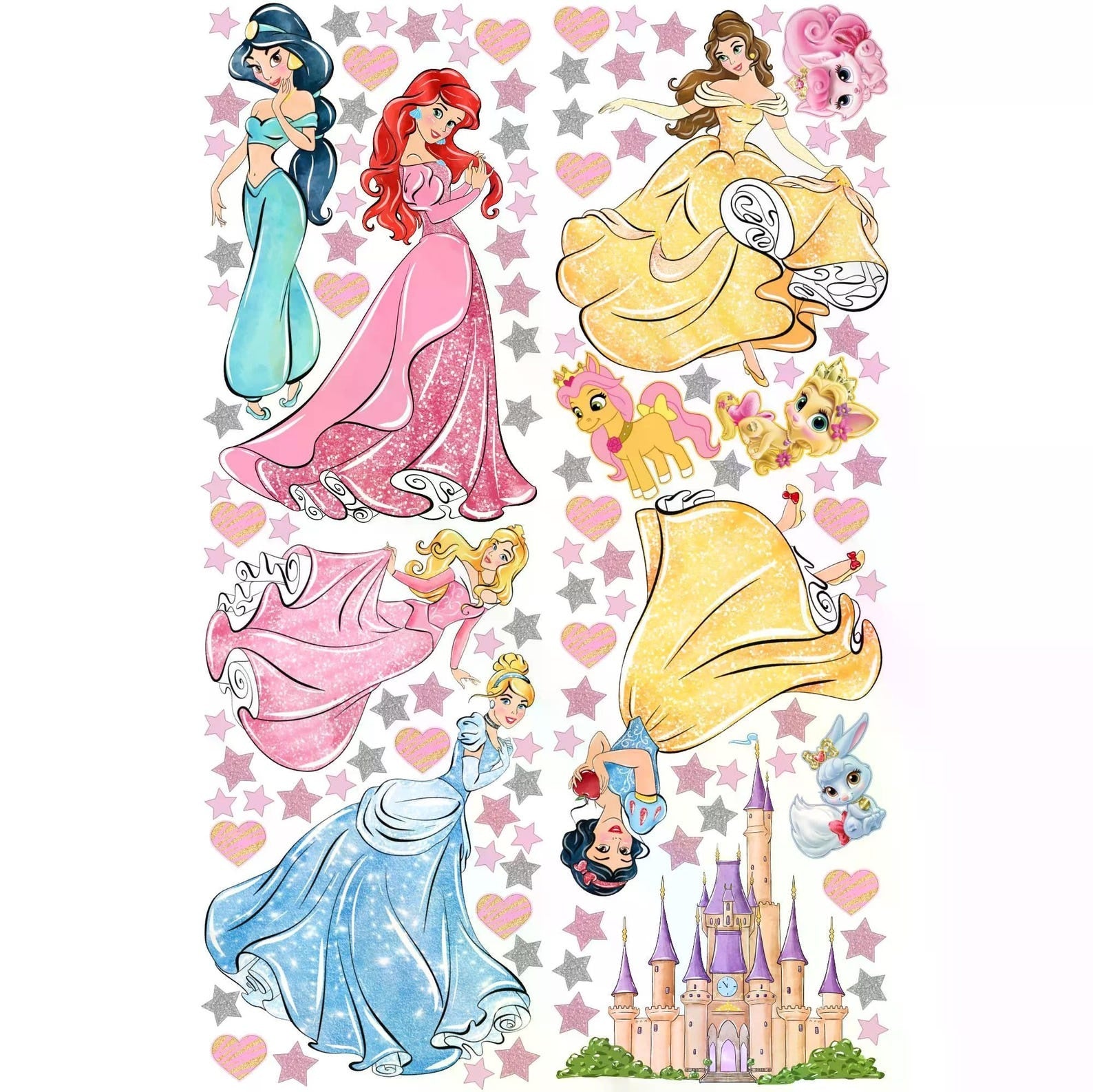 Vinilos decorativos Adhesivos infantiles de Pared princesas con castillo corazones y estrellas