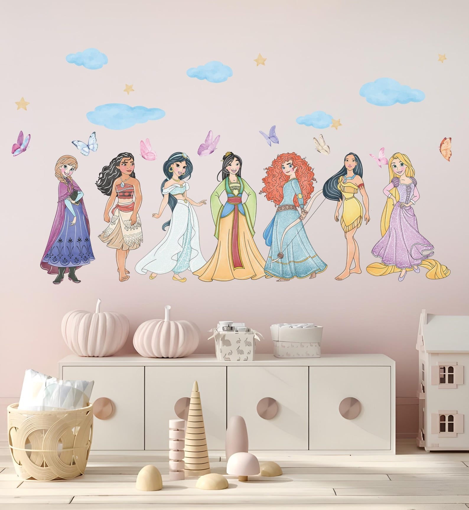 Vinilos decorativos Adhesivos infantiles de Pared princesas nubes y mariposas