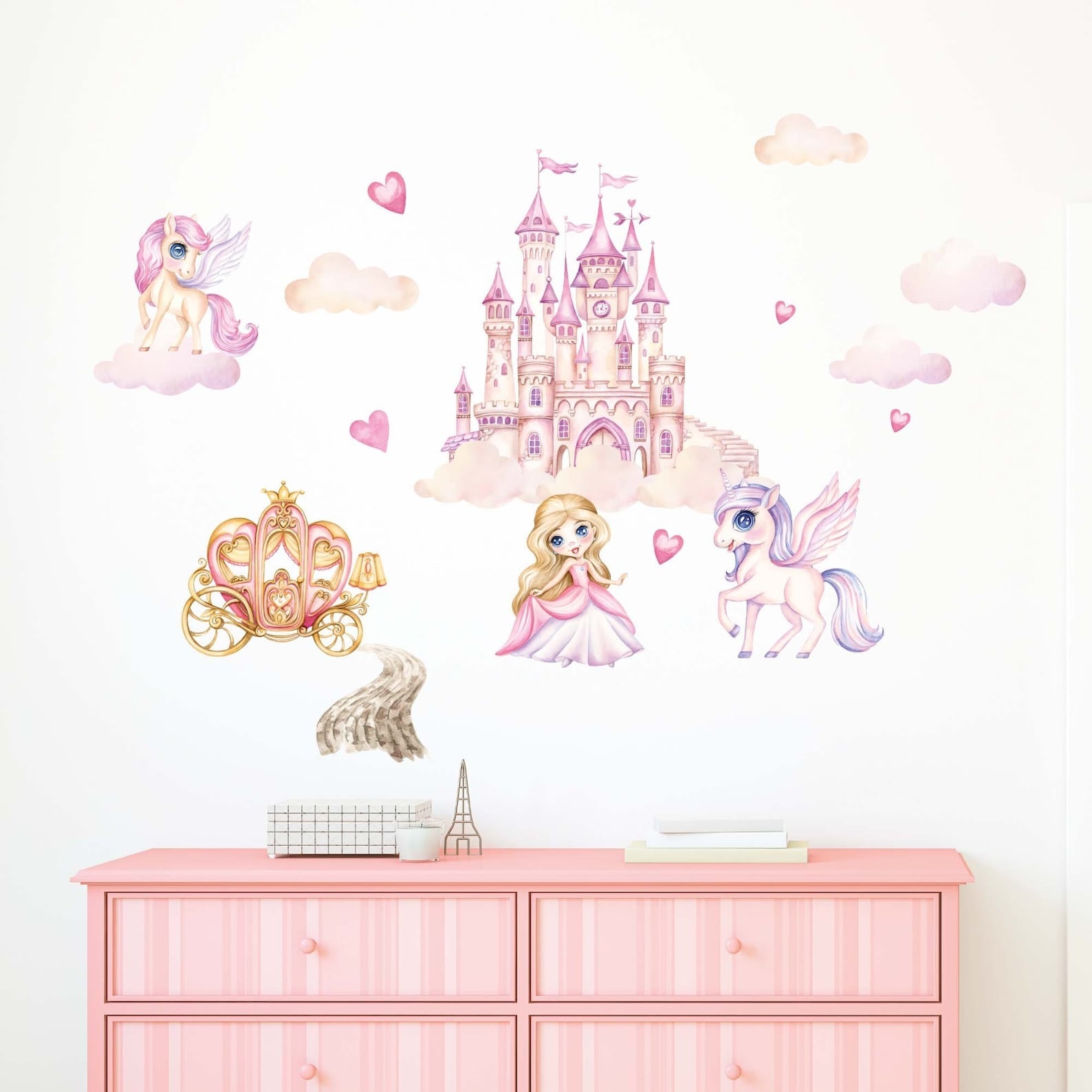 Vinilos decorativos Adhesivos infantiles de Pared princesas con castillo y unicornio ilustracion