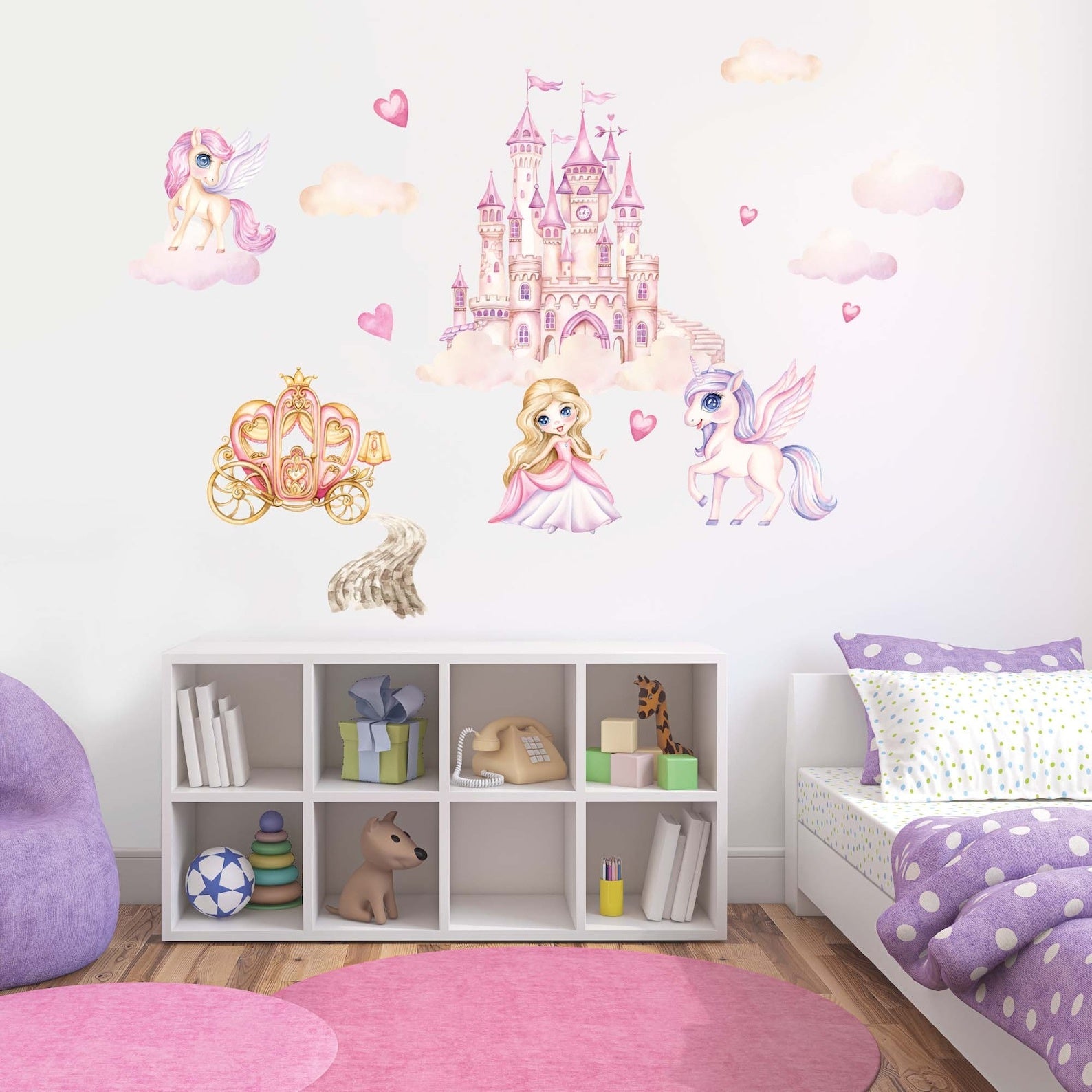 Vinilos decorativos Adhesivos infantiles de Pared princesas con castillo y unicornio ilustracion