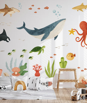 Vinilos decorativos Adhesivos infantiles de Pared animales de mar acuarela