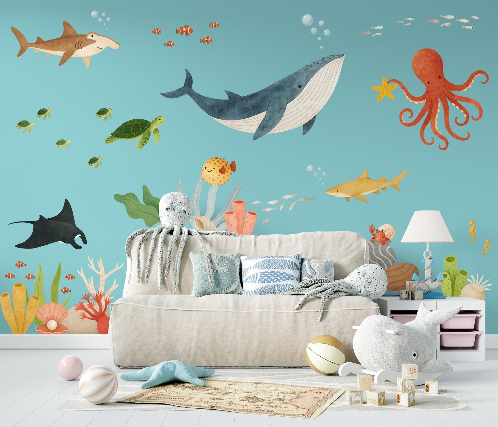 Vinilos decorativos Adhesivos infantiles de Pared animales de mar acuarela