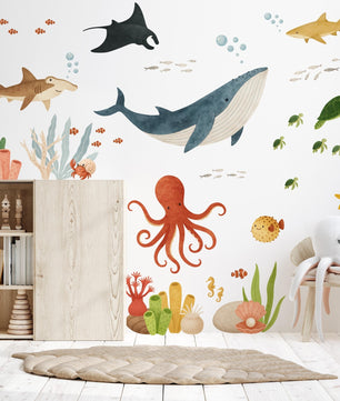 Vinilos decorativos Adhesivos infantiles de Pared animales de mar acuarela