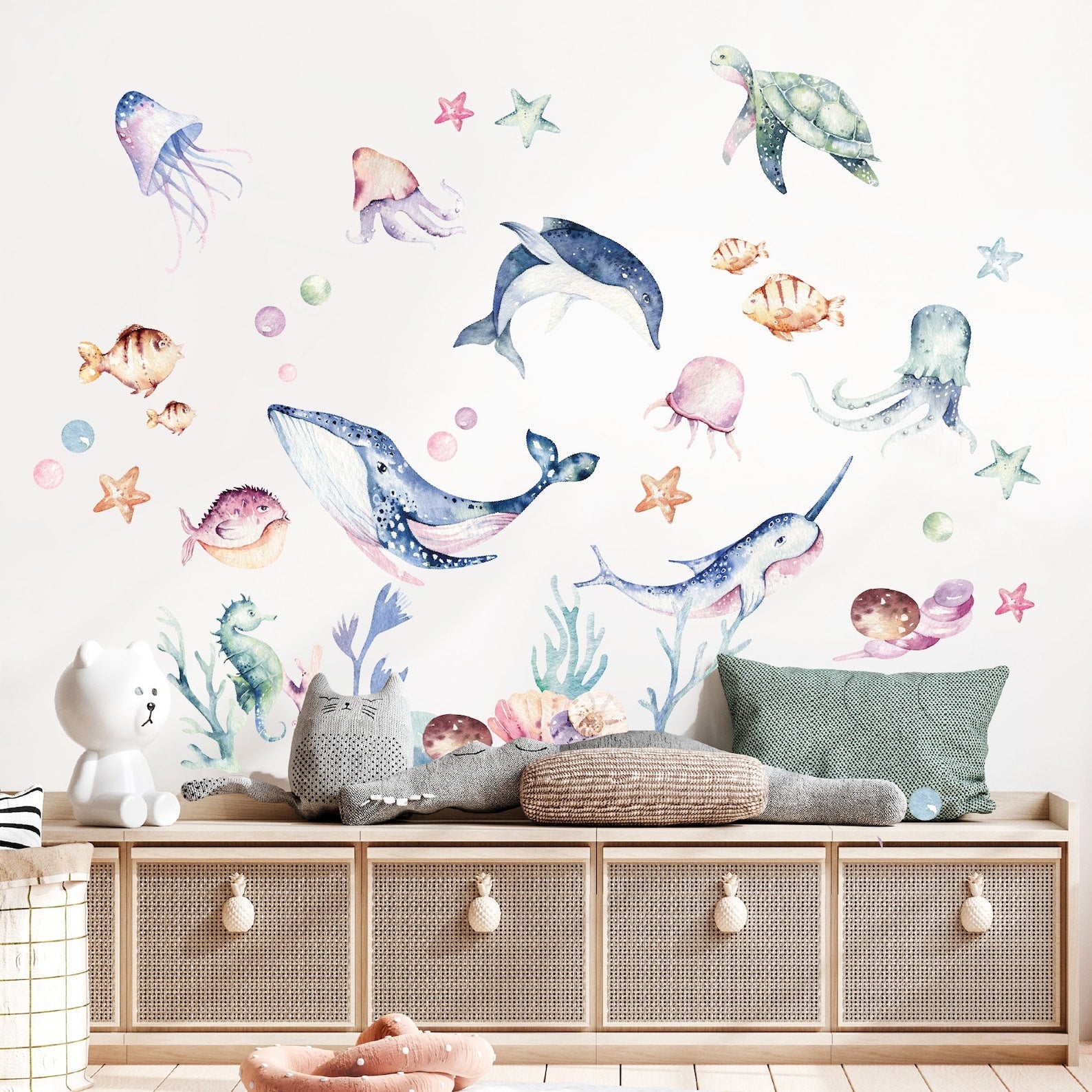 Vinilos decorativos Adhesivos infantiles de Pared animales marinos acuarelados coloridos