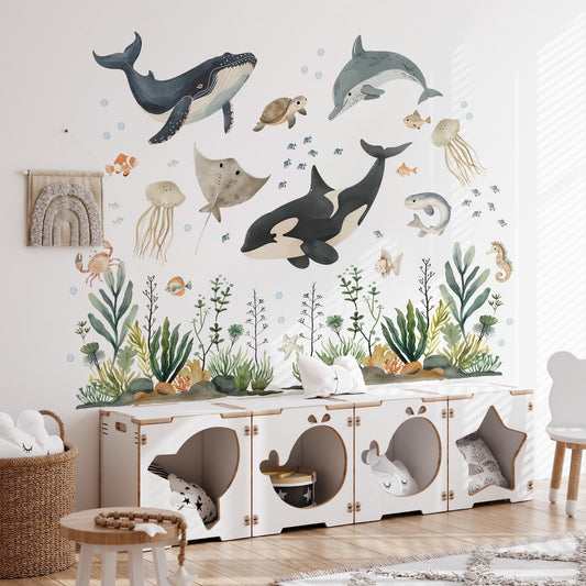 Vinilos decorativos Adhesivos infantiles de Pared animales marinos con algas acuarela