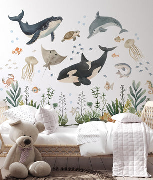 Vinilos decorativos Adhesivos infantiles de Pared animales marinos con algas acuarela