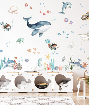 Vinilos decorativos Adhesivos infantiles de Pared animales marinos buceo